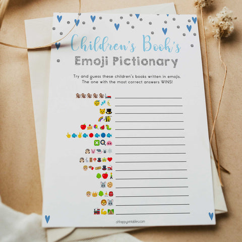 childrens books emoji pictionary game, Printable baby shower games, small blue hearts fun baby games, baby shower games, fun baby shower ideas, top baby shower ideas, silver baby shower, blue hearts baby shower ideas