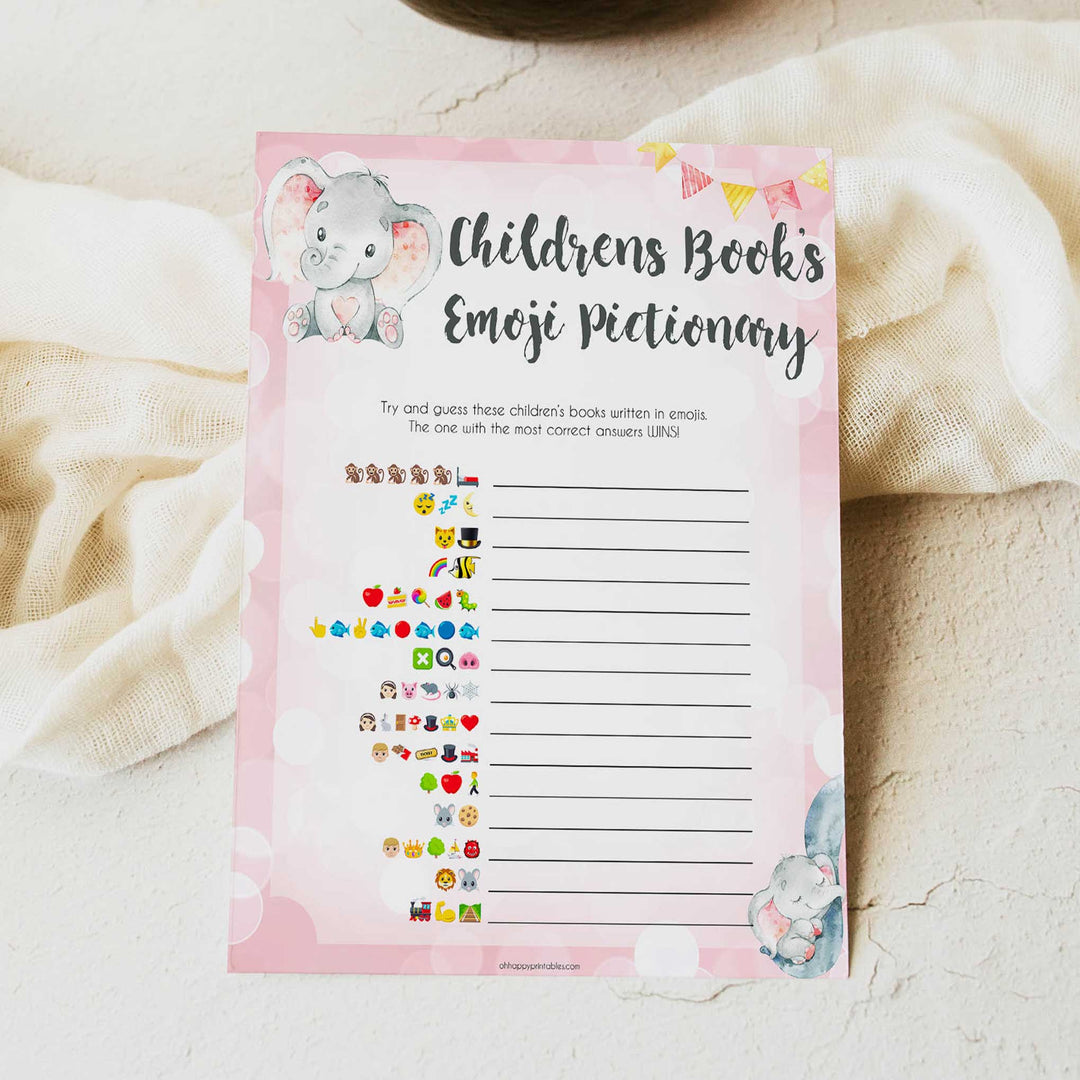 pink elephant baby games, childrens books emoji pictionary baby shower games, printable baby shower games, baby shower games, fun baby games, popular baby games, pink baby games