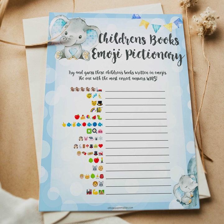 Blue elephant baby games, childrens books emoji pictioinary, elephant baby games, printable baby games, top baby games, best baby shower games, baby shower ideas, fun baby games, elephant baby shower