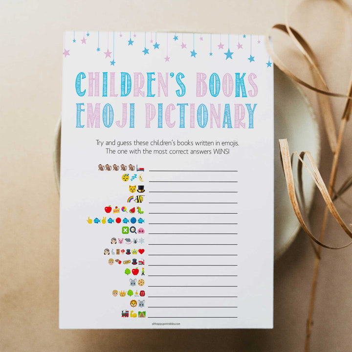 Gender reveal baby games, childrens books emoji pictionary baby game, gender reveal shower, fun baby games, gender reveal ideas, popular baby games, best baby games, printable baby games, gender reveal baby games