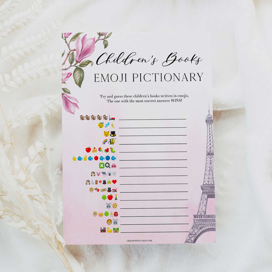 childrens books emoji Pictionary game, Paris baby shower games, printable baby shower games, Parisian baby shower games, fun baby shower games