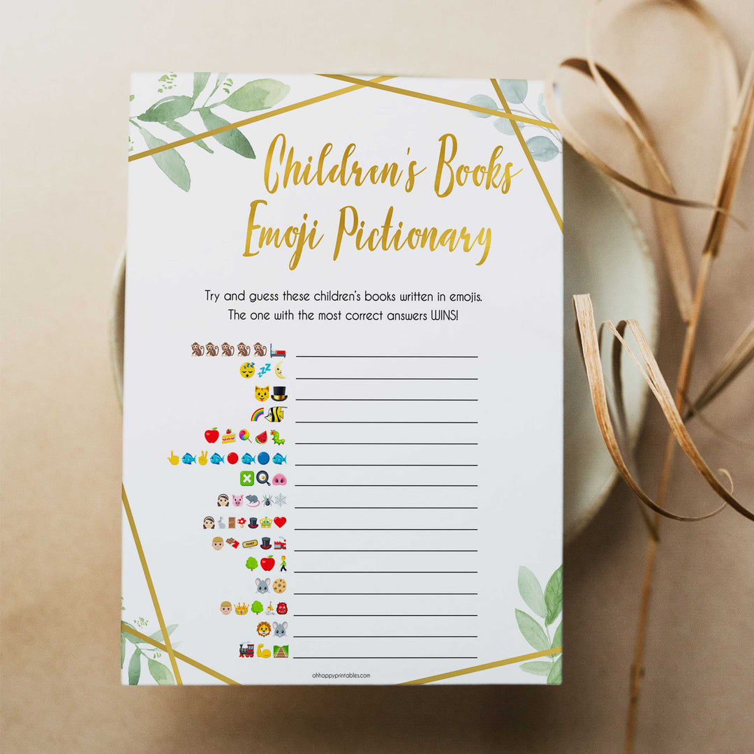 gold geometric childrens books emoji pictionary baby shower games, printable baby shower games, fun baby games, popular baby games, gold baby games