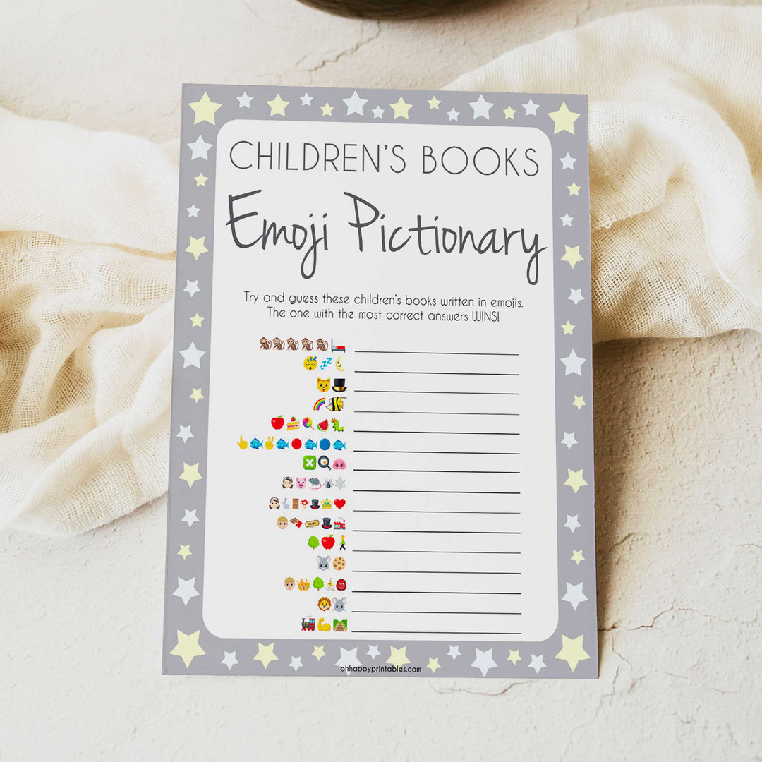 Grey Yellow Stars Childrens Books Emoji Pictionary, Childrens Book Emoji Game, Baby Shower Emoji Pictionary, Printable Baby Shower Games, fun baby shower games, popular baby shower games