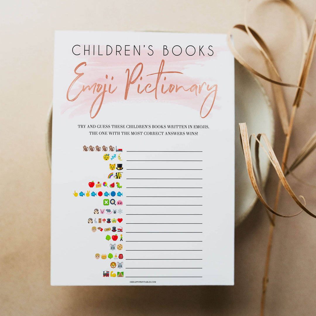 Pink Swash Childrens Books Emoji Pictionary, Childrens Book Emoji Game, Baby Shower Emoji Pictionary, Pink Baby Shower Games, Baby Emoji, popular baby shower games, fun baby shower games