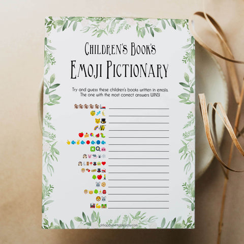 Greenery Childrens Books Emoji Pictionary, Childrens Book Emoji Game, Green Baby Shower Emoji Pictionary, Baby Games, Baby Shower Emoji , printable baby shower games, fun baby shower games, popular baby shower games