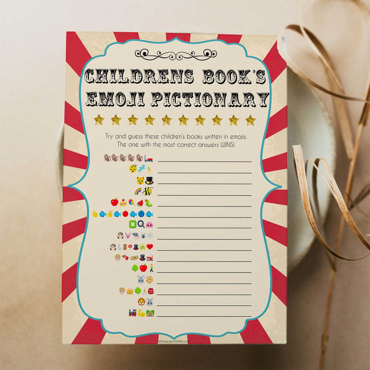 Circus childrens emoji pictionary baby shower games, circus baby games, carnival baby games, printable baby games, fun baby games, popular baby games, carnival baby shower, carnival theme