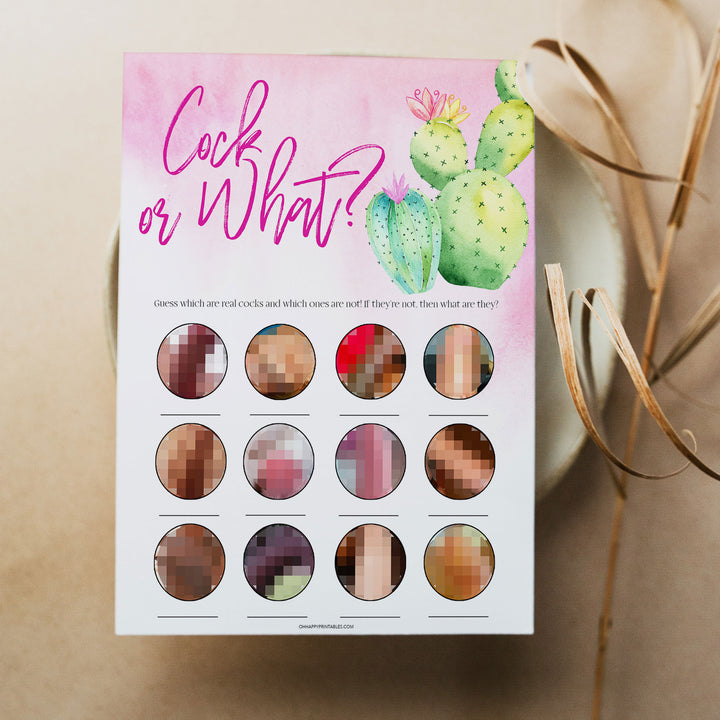 Bachelorette party game printable Cock or What, with a pink fiesta background and watercolour cactus design