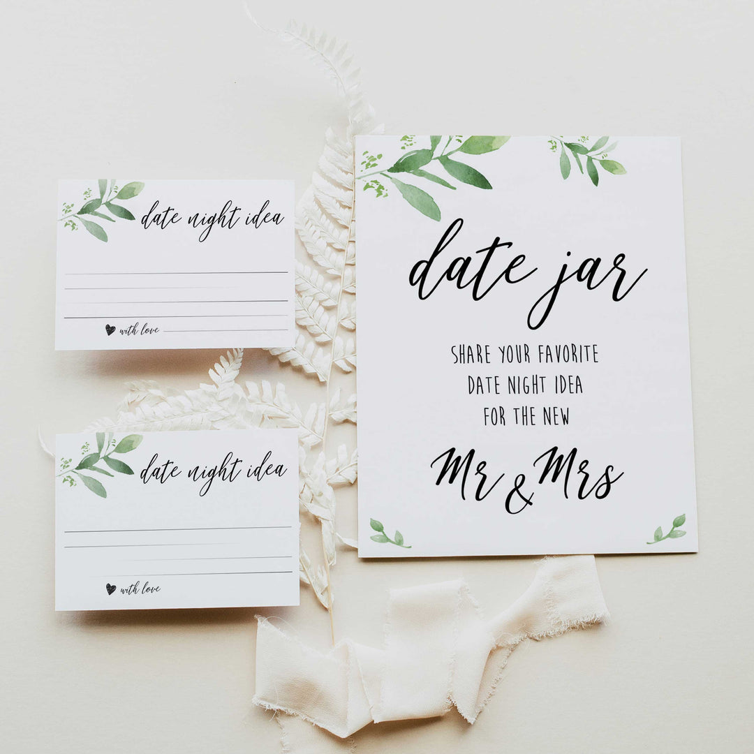 date jar game, greenery bridal shower, fun bridal shower games, bachelorette party games, floral bridal games, hen party ideas