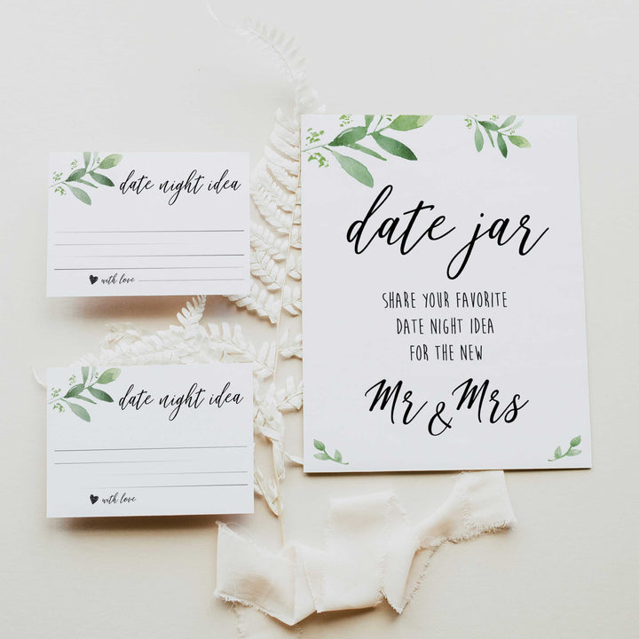 date jar game, greenery bridal shower, fun bridal shower games, bachelorette party games, floral bridal games, hen party ideas