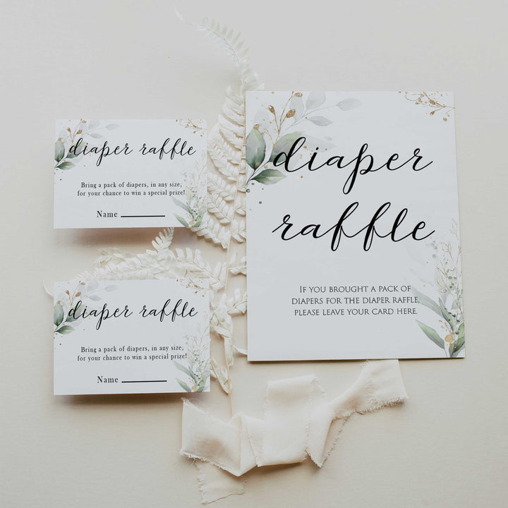 Gold green leaf baby games, baby diaper raffle game, printable baby games, fun baby games, top baby games to play, gold leaf baby shower, greenery baby shower ideas