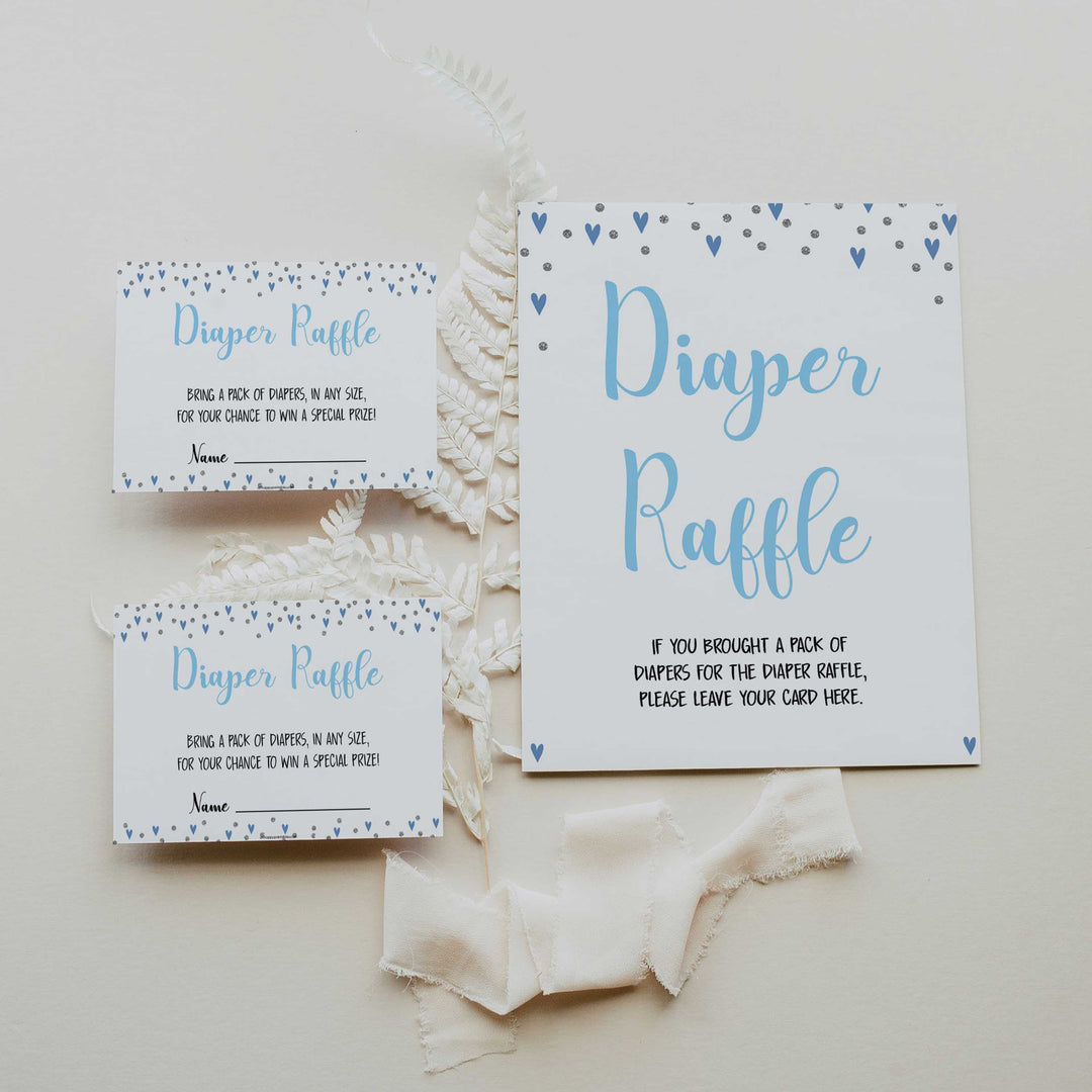 diaper raffle game, diaper raffle, Printable baby shower games, small blue hearts fun baby games, baby shower games, fun baby shower ideas, top baby shower ideas, silver baby shower, blue hearts baby shower ideas