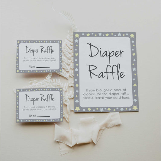 grey & yellow stars, diaper raffle, printable baby shower games, fun baby games, top baby shower games, star baby games, little star baby shower