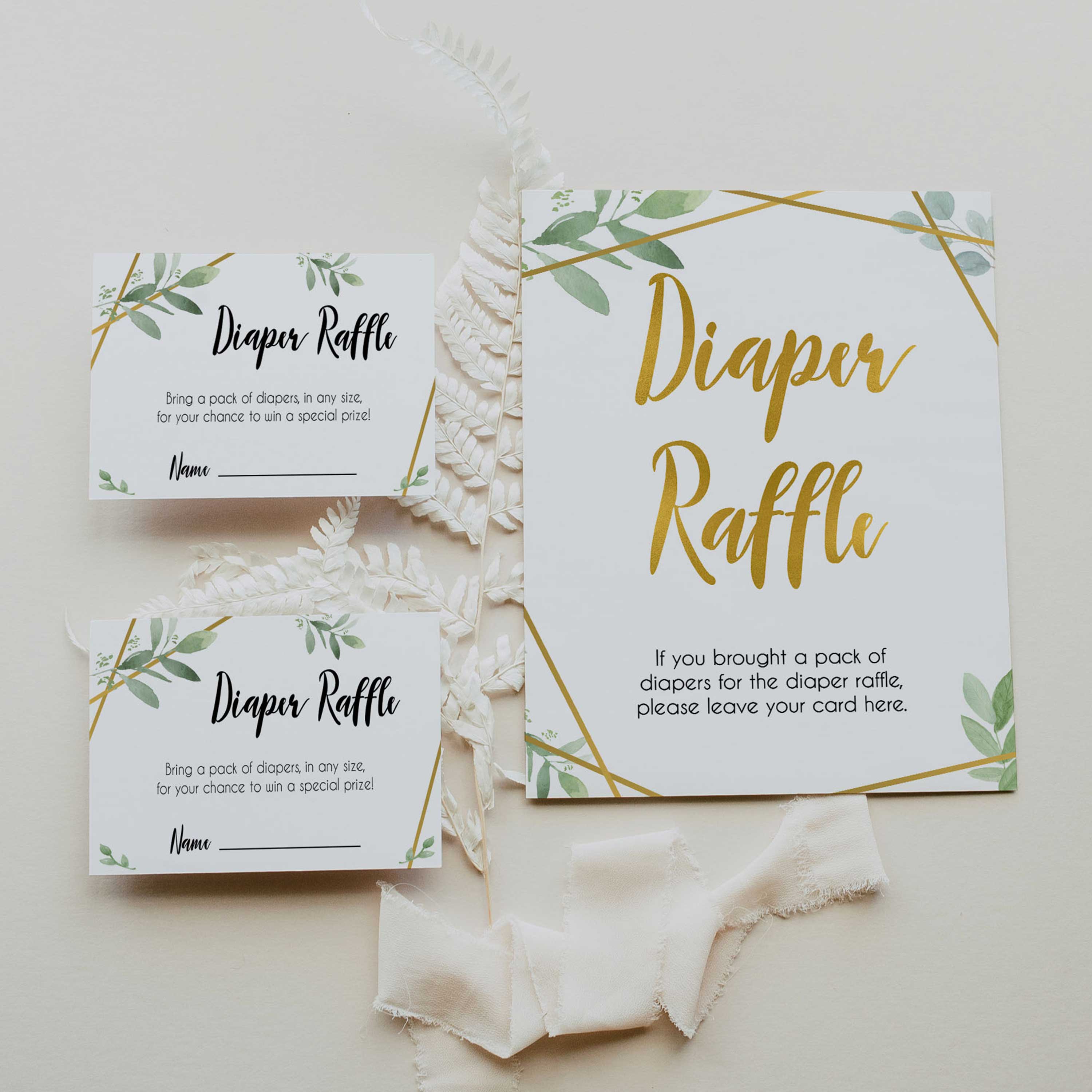 Leafs Raffles Diaper Raffle Game - Gold Geometric Leaf Printable Baby Games ...
