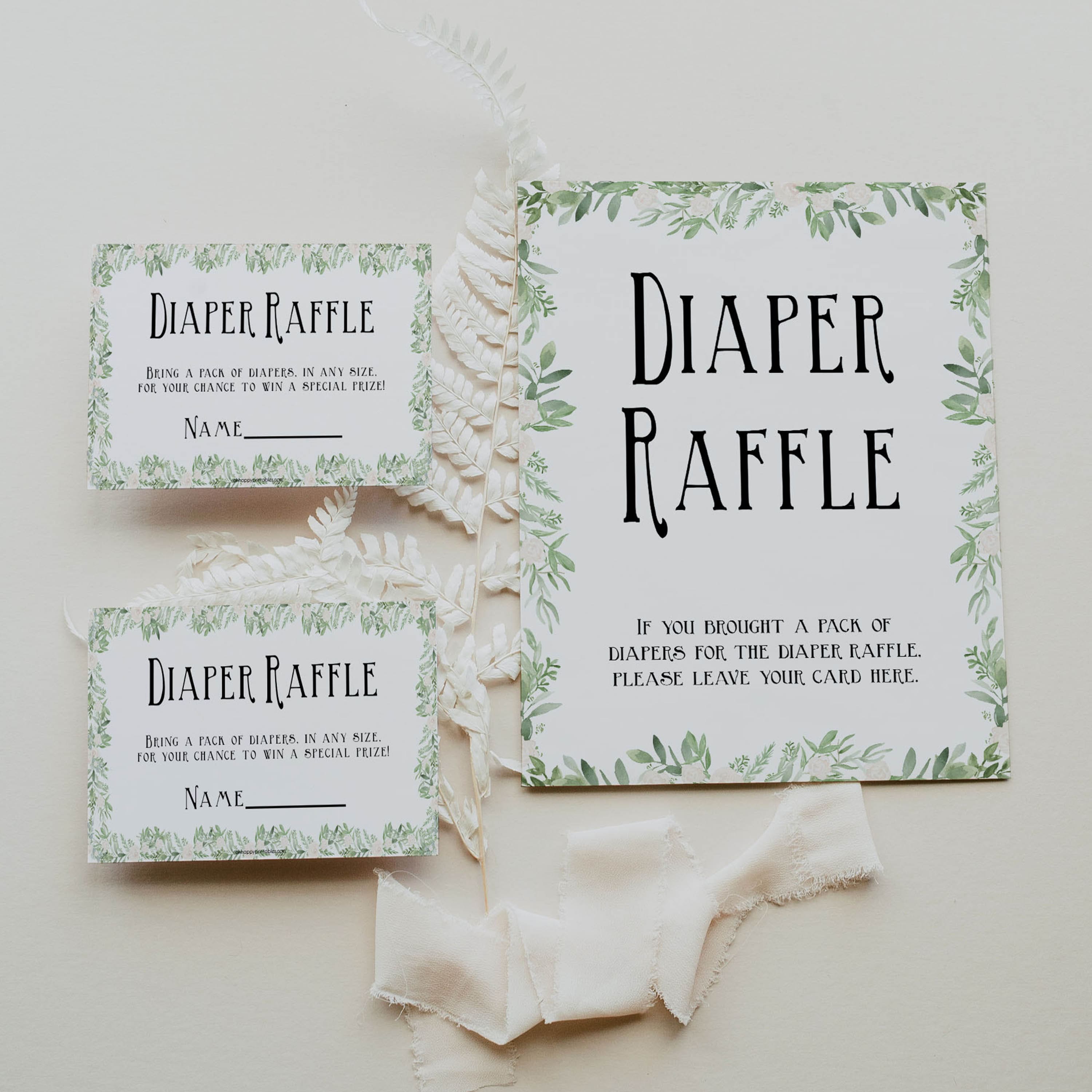 diaper raffle game, Printable baby shower games, greenery baby shower games, fun floral baby games, botanical baby shower games,