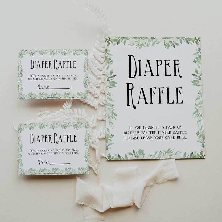 diaper raffle game, Printable baby shower games, greenery baby shower games, fun floral baby games, botanical baby shower games,