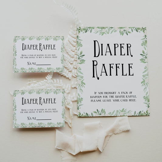diaper raffle game, Printable baby shower games, greenery baby shower games, fun floral baby games, botanical baby shower games,