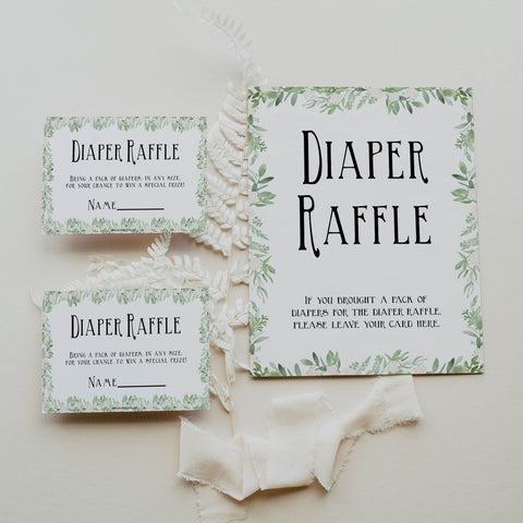 diaper raffle game, Printable baby shower games, greenery baby shower games, fun floral baby games, botanical baby shower games,