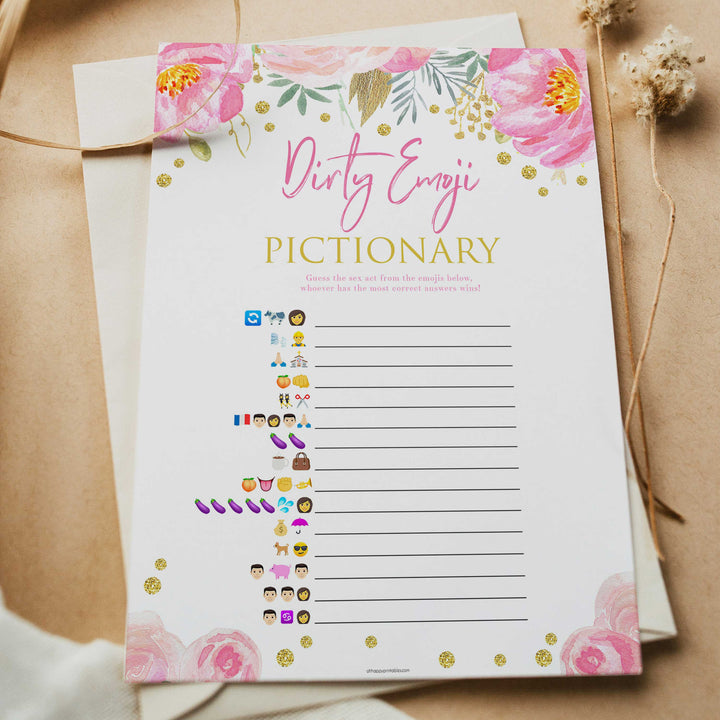 dirty emoji pictionary game, date night jar, printable bridal shower games, blush floral bridal shower games, fun bridal shower games