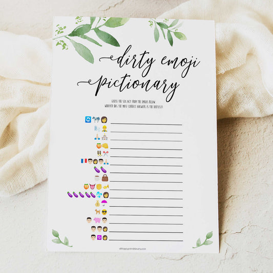 dirty emoji pictionary game, greenery bridal shower, fun bridal shower games, bachelorette party games, floral bridal games, hen party ideas