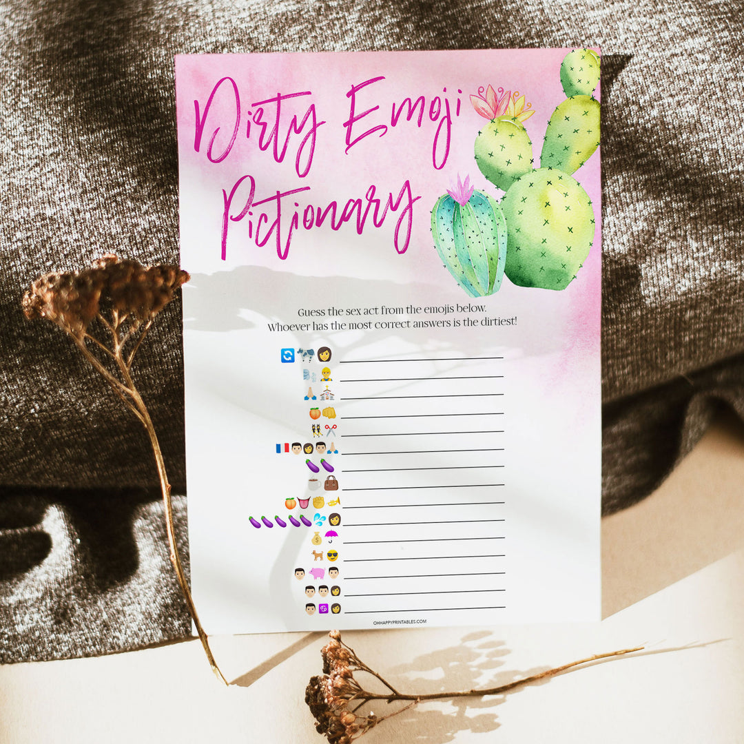 Bachelorette party game printable Dirty Emoji Pictionary, with a pink fiesta background and watercolour cactus design