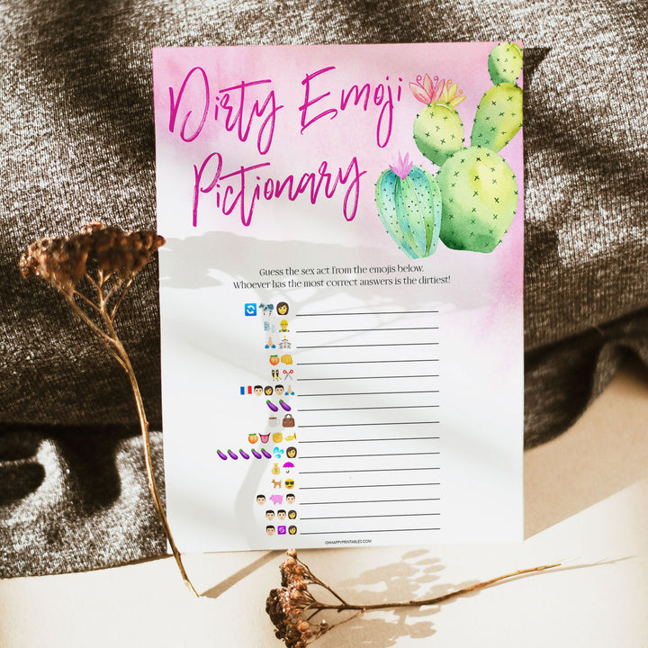 Bachelorette party game printable Dirty Emoji Pictionary, with a pink fiesta background and watercolour cactus design