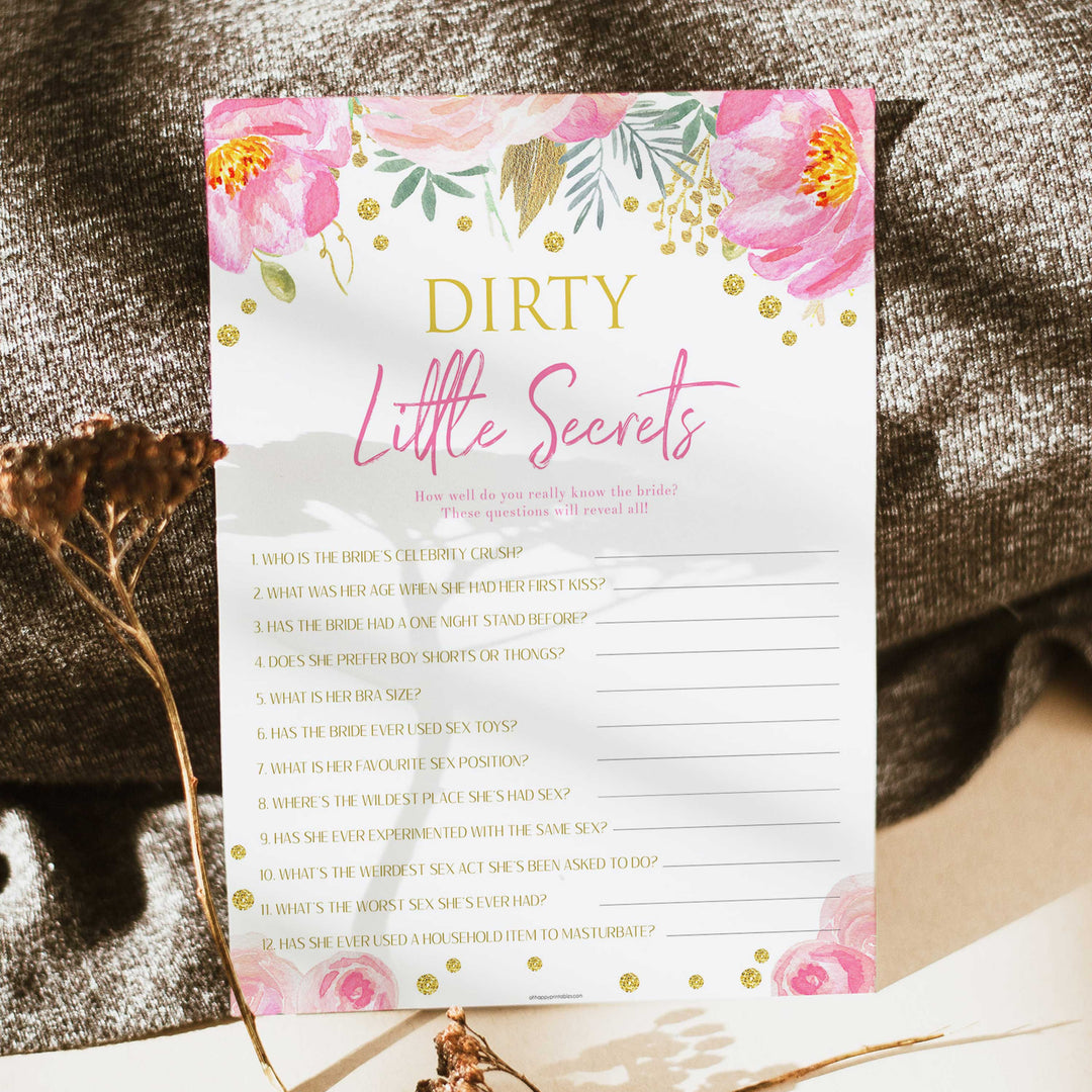 dirty little secrets game, dirty emoji pictionary game, date night jar, printable bridal shower games, blush floral bridal shower games, fun bridal shower games