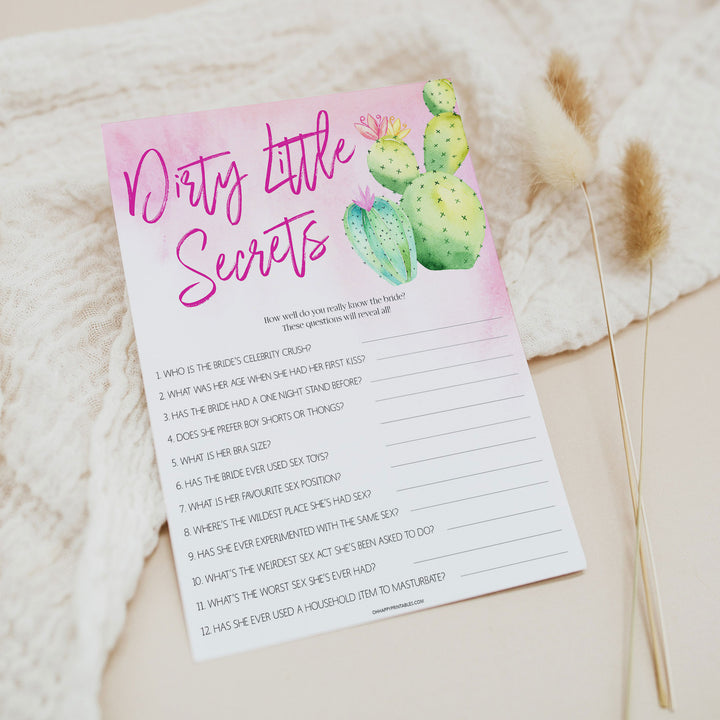 Bachelorette party game printable Dirty Little Secrets, with a pink fiesta background and watercolour cactus design