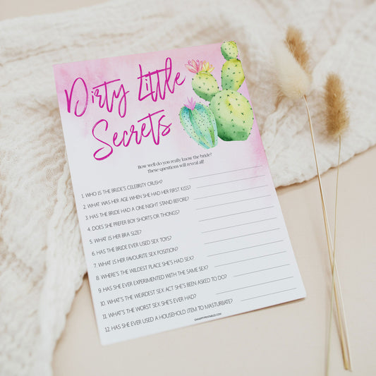 Bachelorette party game printable Dirty Little Secrets, with a pink fiesta background and watercolour cactus design
