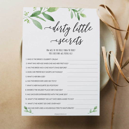 dirty little secrets game, greenery bridal shower, fun bridal shower games, bachelorette party games, floral bridal games, hen party ideas