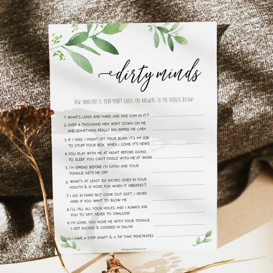 dirty minds game, greenery bridal shower, fun bridal shower games, bachelorette party games, floral bridal games, hen party ideas