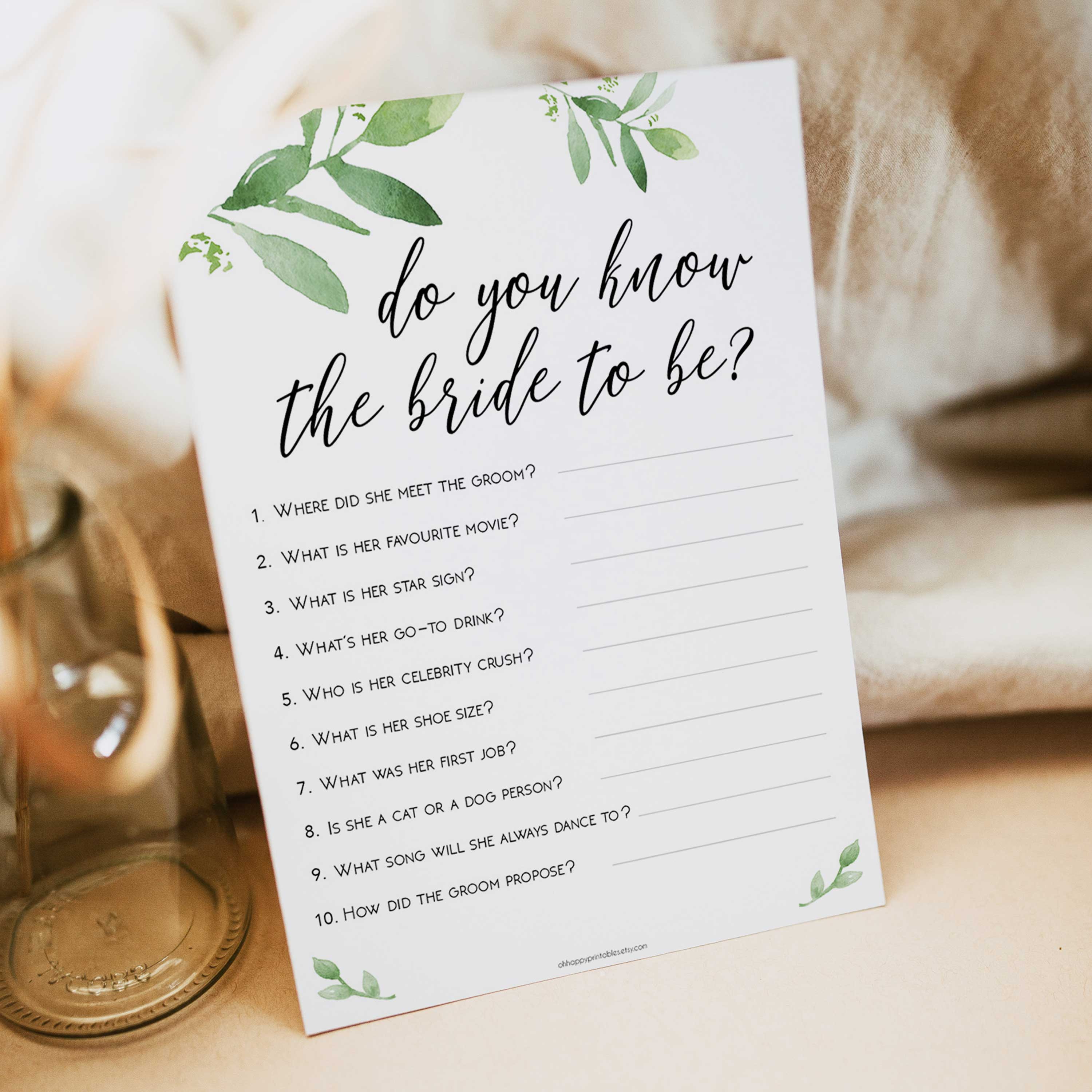 do you know the bride game, greenery bridal shower, fun bridal shower games, bachelorette party games, floral bridal games, hen party ideas