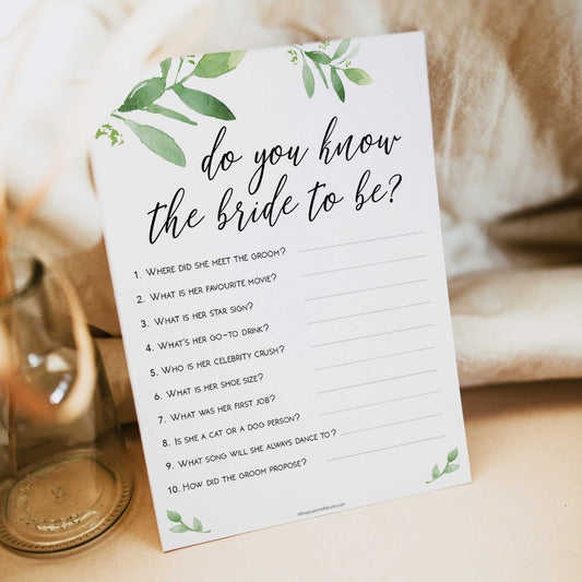 do you know the bride game, greenery bridal shower, fun bridal shower games, bachelorette party games, floral bridal games, hen party ideas