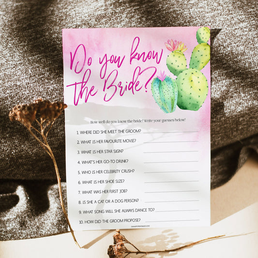 Bridal Shower game printable Do you know the Bride, with a pink fiesta background and watercolour cactus design
