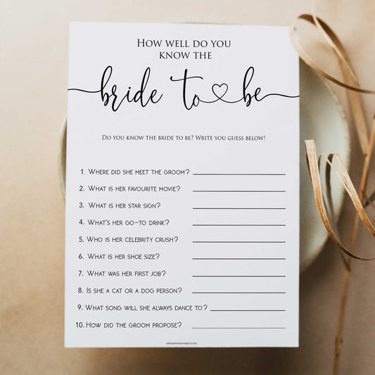 minimalist bridal shower games, do you know the bride, bridal shower games bundle, printable bridal games, bridal shower games, how knows the bridal, top bridal shower games