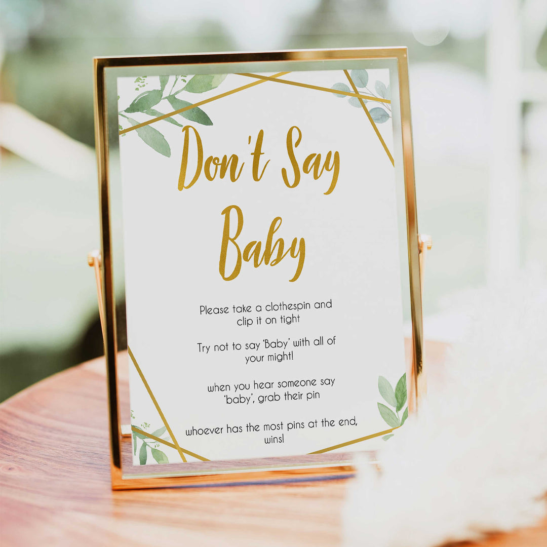 gold geometric dont say baby baby shower games, printable baby shower games, fun baby games, popular baby games, gold baby games