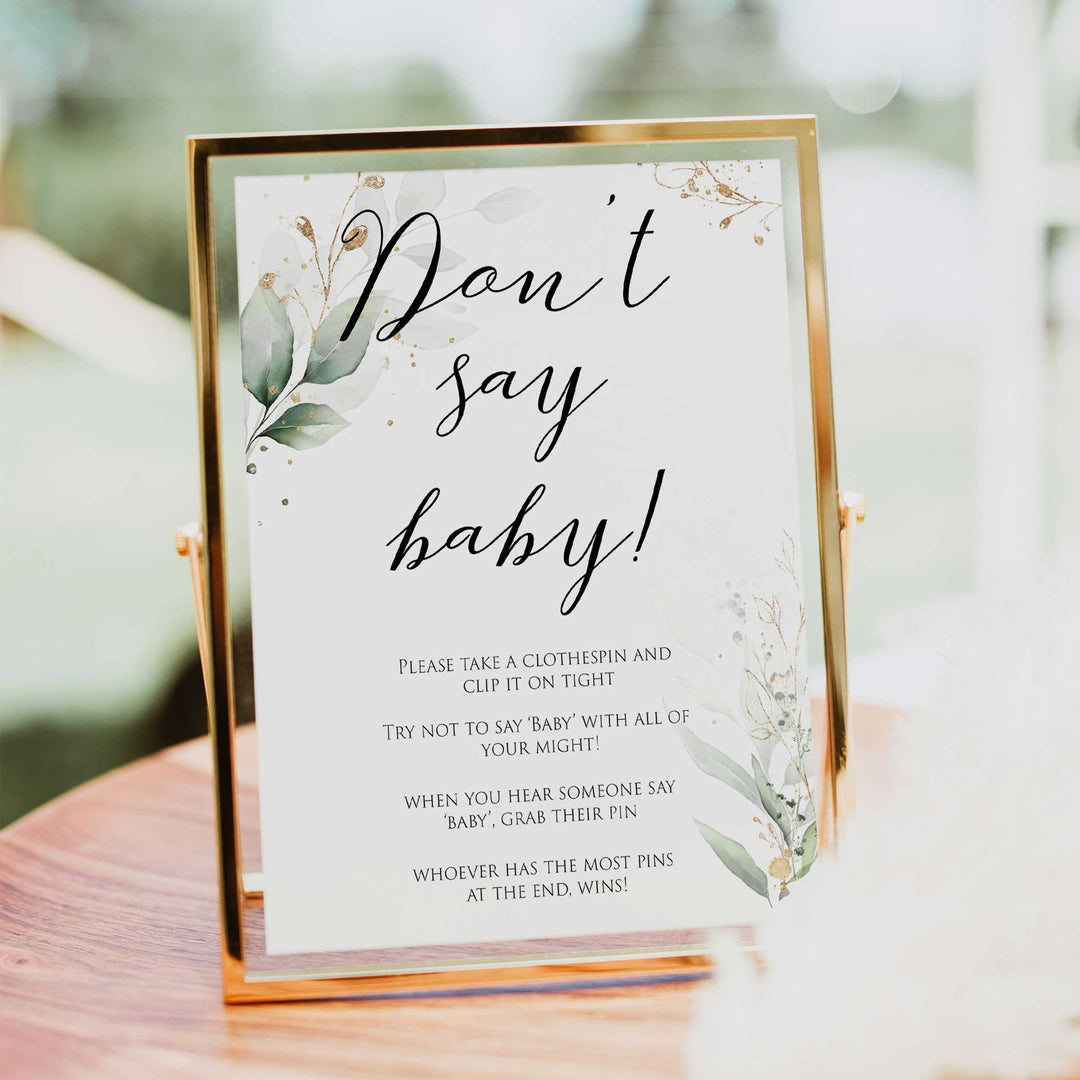 Gold green leaf baby games, dont say baby, printable baby games, fun baby games, top baby games to play, gold leaf baby shower, greenery baby shower ideas
