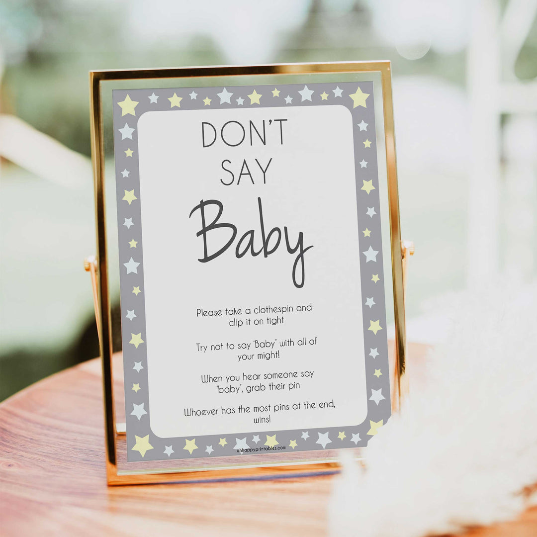 Grey Yellow Stars Don't Say Baby, Don't Say Baby Sign, Don't Say Baby Game, Printable Baby Shower Games, Dont Say Game, Grey Baby Shower, popular baby shower games, fun baby shower games