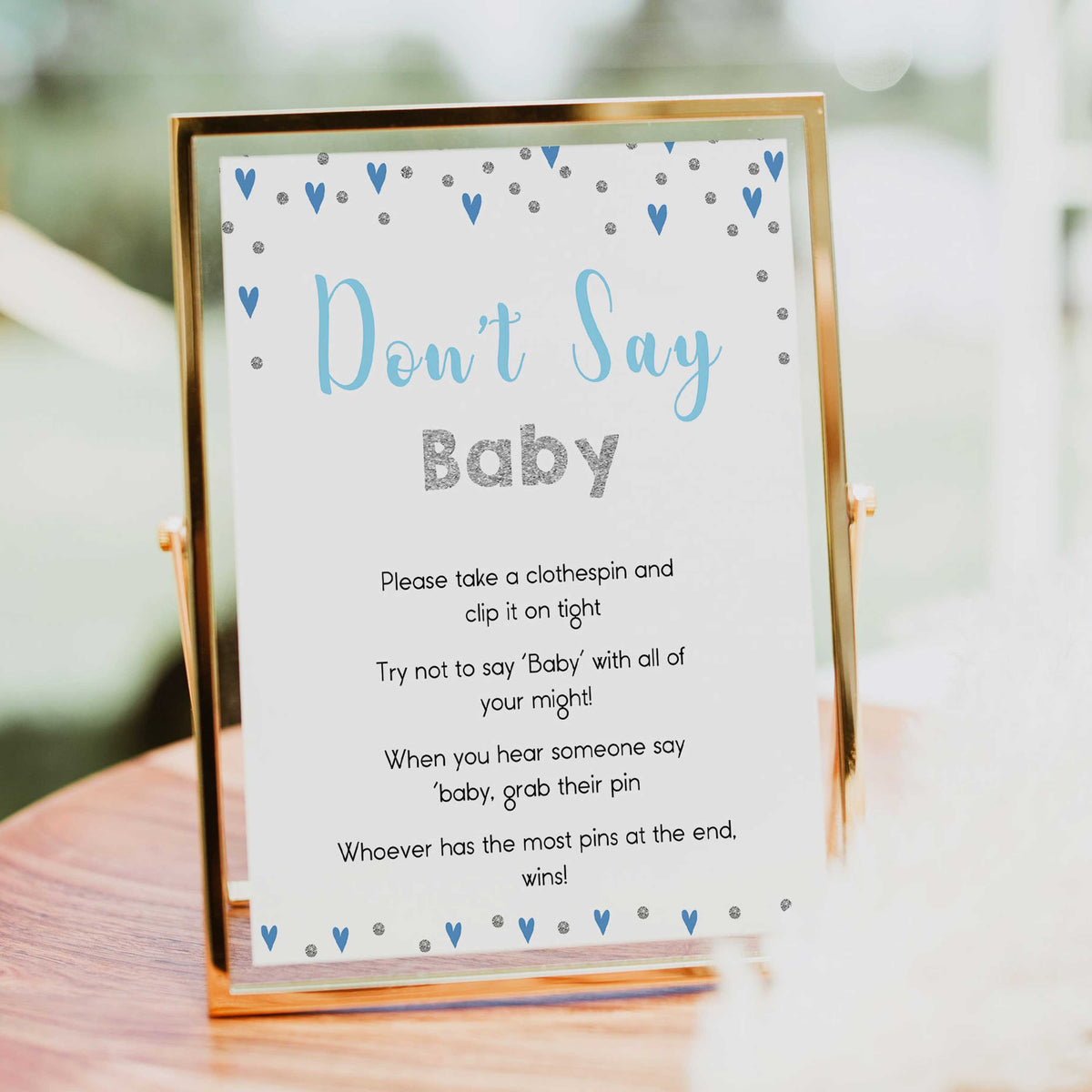 Don't say baby game, baby clothes pin game, Printable baby shower games, small blue hearts fun baby games, baby shower games, fun baby shower ideas, top baby shower ideas, silver baby shower, blue hearts baby shower ideas