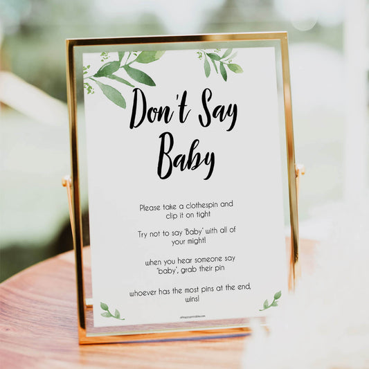 Botanical Don't Say Baby, Don't Say Baby Sign, Greenery Don't Say Baby Game, Baby Shower Games, Green Dont Say Game, Greenery Baby Shower