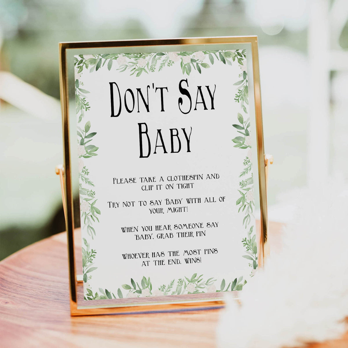 Green Leaf Don't Say Baby, Don't Say Baby Sign, Greenery Don't Say Baby Game, Green Baby Shower Games, Dont Say Game, Green Baby Shower, printable baby shower games, fun baby shower games, popular baby shower games