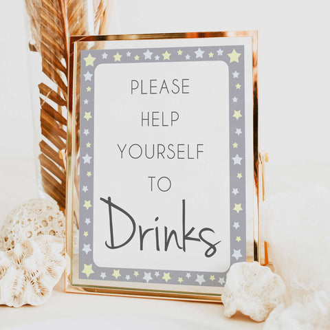 Printable baby signs, drinks baby shower sign, yellow and grey stars, printable baby shower signs, top baby shower decor, baby printable decor