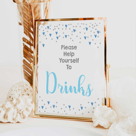 drinks baby shower signs, drinks baby table signs, Blue hearts baby decor, printable baby table signs, printable baby decor, silver glitter table signs, fun baby signs, blue hearts fun baby table signs