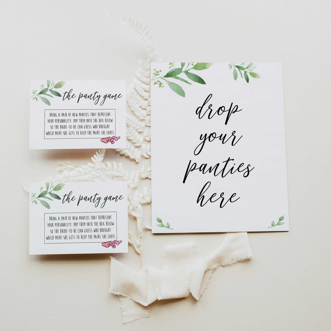 drop your panties game, greenery bridal shower, fun bridal shower games, bachelorette party games, floral bridal games, hen party ideas