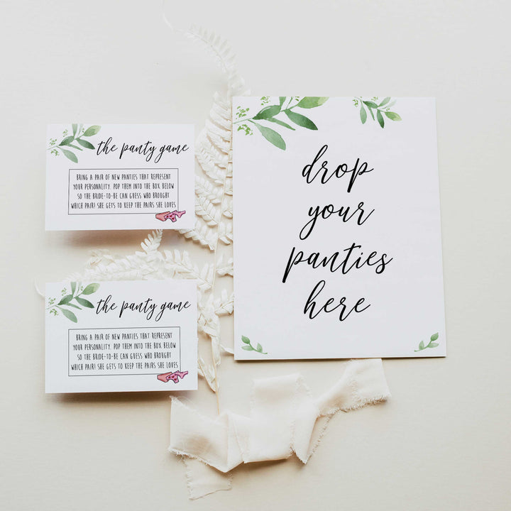 drop your panties game, greenery bridal shower, fun bridal shower games, bachelorette party games, floral bridal games, hen party ideas