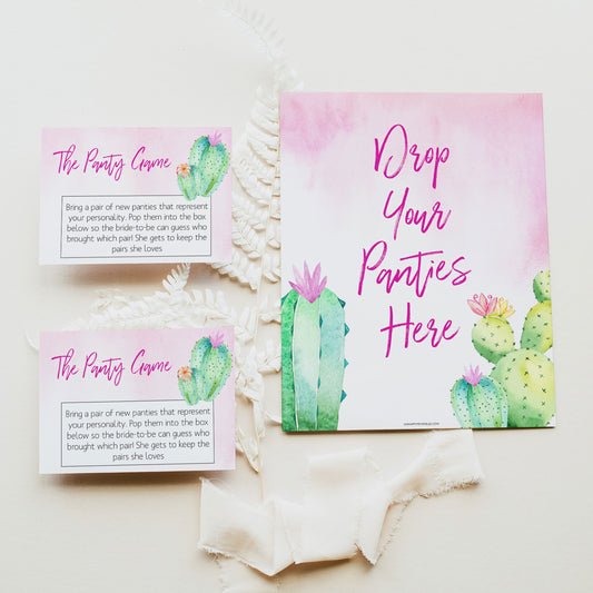 Bachelorette party game printable Drop your Panties, with a pink fiesta background and watercolour cactus design