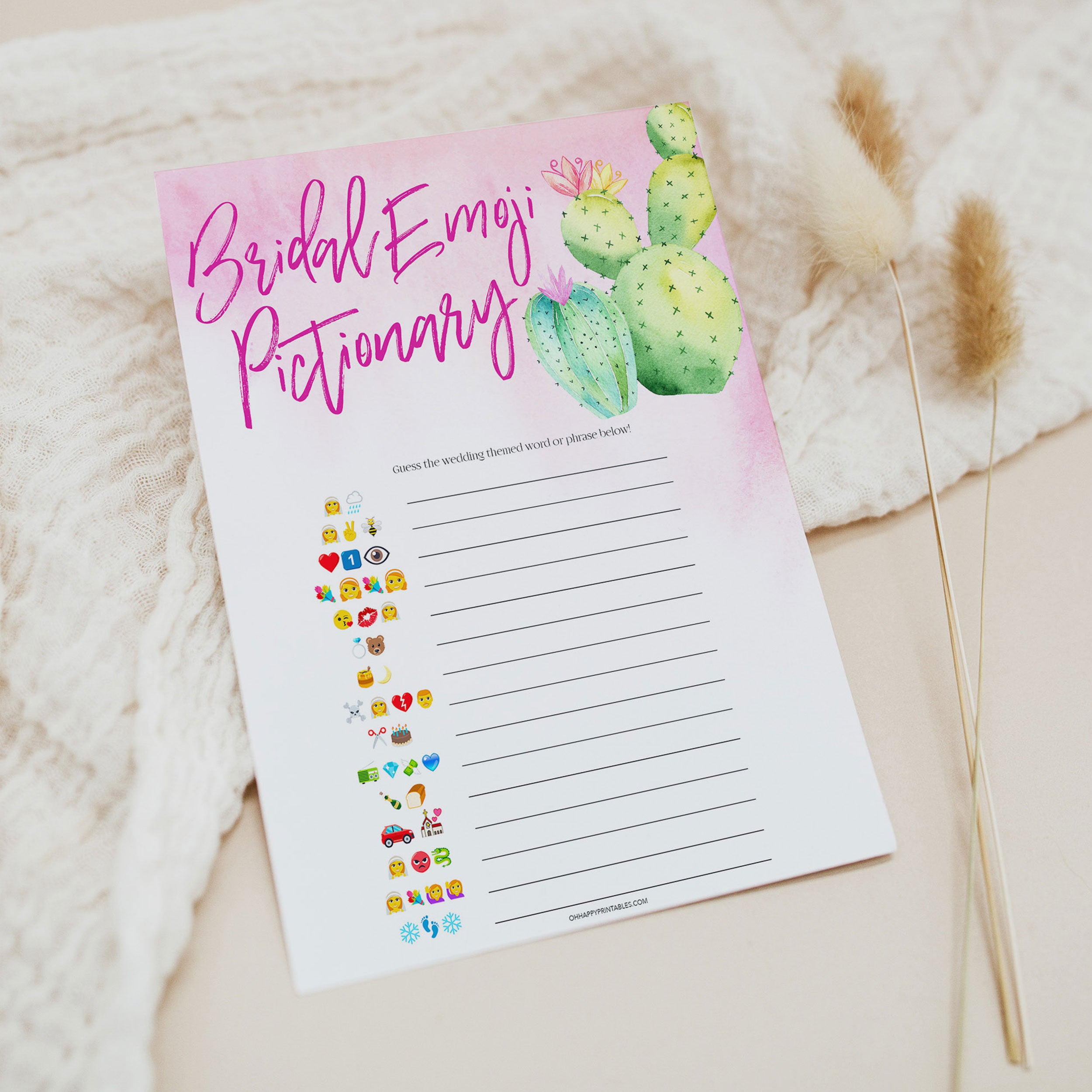 Bridal shower game printable Bridal Emoji Pictionary, with a pink fiesta background and watercolour cactus design