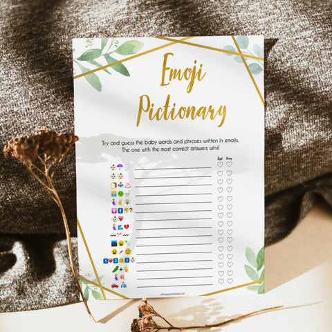 gold geometric emoji pictionary baby shower games, printable baby shower games, fun baby games, popular baby games, gold baby games