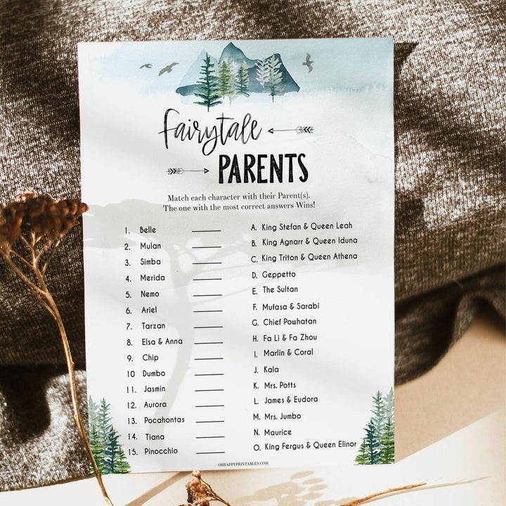 fairytale parents game, match the disney parents game, printable baby shower games, fun baby shower games, adventure baby shower games