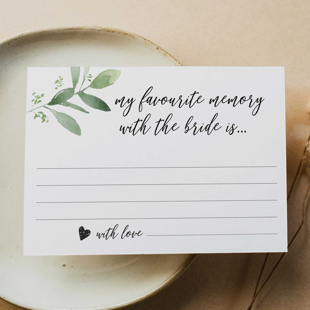 favorite memory with the bride, greenery bridal shower, fun bridal shower games, bachelorette party games, floral bridal games, hen party ideas