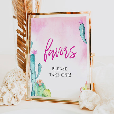 Bridal shower printable table sign for Favors, with a pink fiesta background and watercolour cactus design